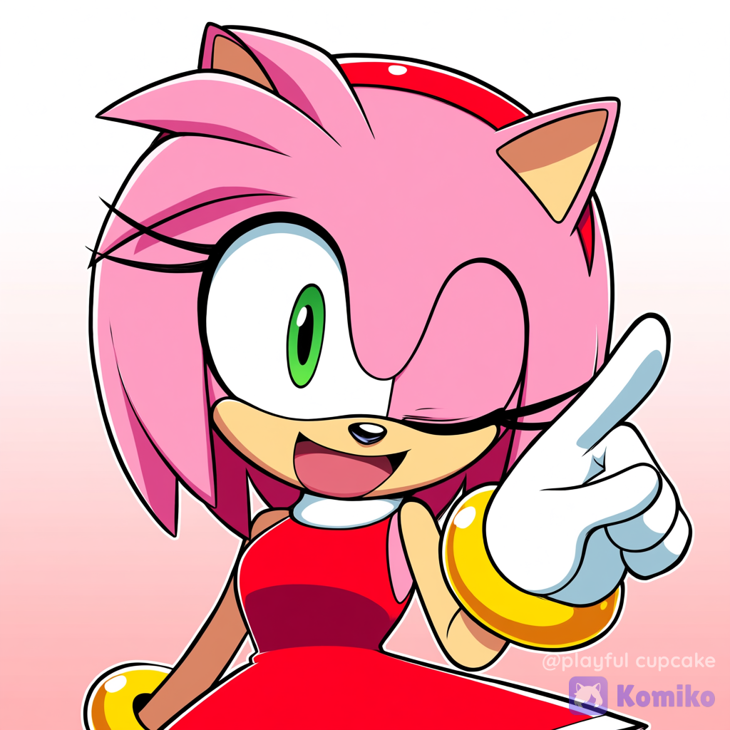 @Amy_Rose, right arm, looking back, smile, laughing, open mouth, one eye closed, arm bands, portrait, over-the-shoulder shot, gradient background, Sonic, Sonic style, Sonic 3D style, sonic (series)