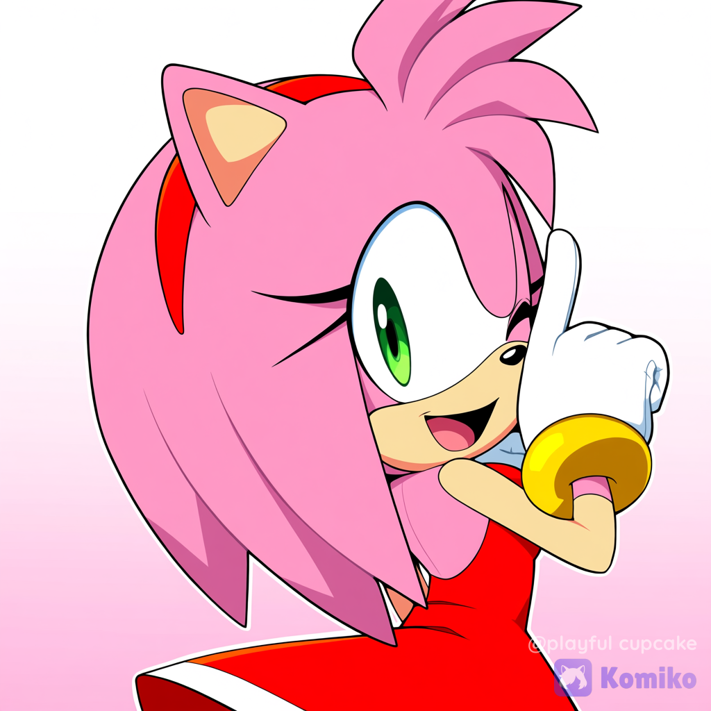 @Amy_Rose, right arm, looking back, smile, laughing, open mouth, one eye closed, arm bands, portrait, over-the-shoulder shot, gradient background, Sonic, Sonic style, Sonic 3D style, sonic (series)