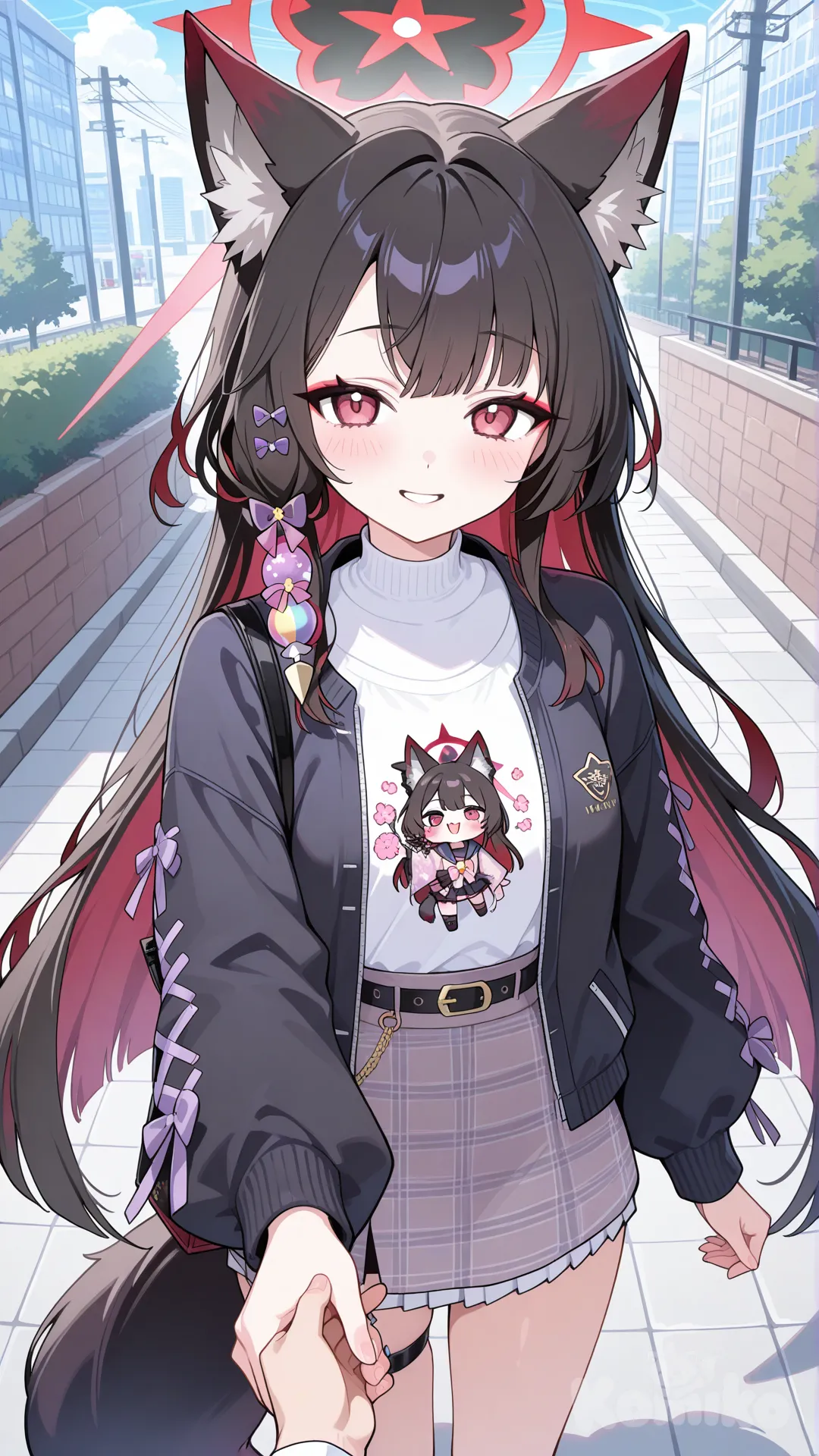 Kosaka wakamo (blue archive), casual clothes, miniskirt, holding hands