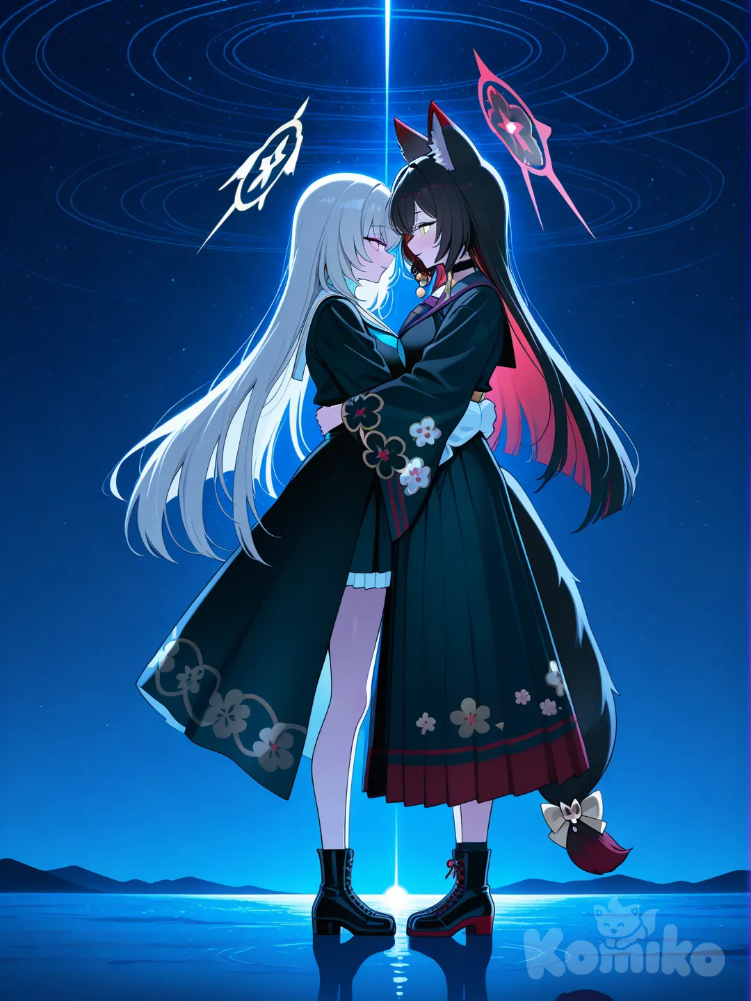 wakamo (blue archive), sakurako (blue archive), sensei (blue archive), night conditions, hugs, better light, full body, tall female, from side pov