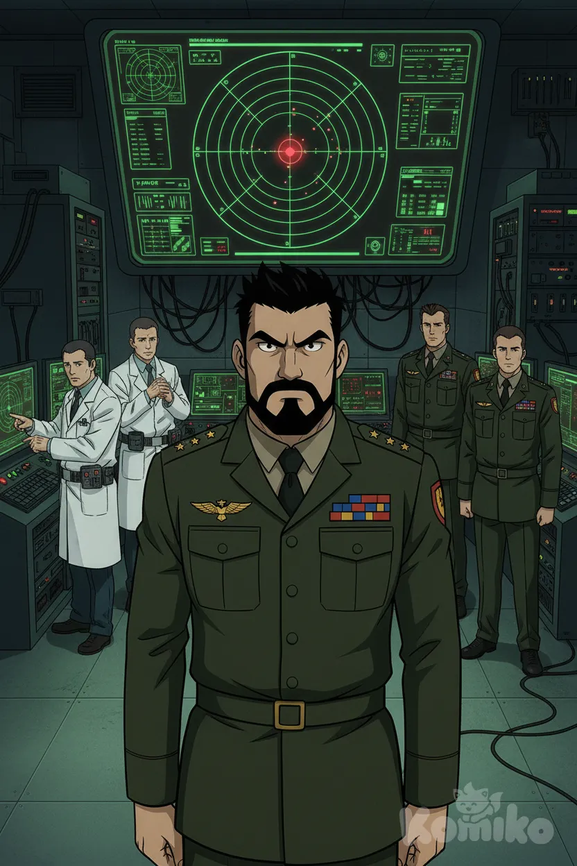 Quiero que hagas a este personaje en una base militar con una cara sería, escena de cuerpo completo con algunos científicos y militares de fondo pero igual de detallados, viendo una pantalla enorme con una especie de radar con un punto rojo en ella, anime style