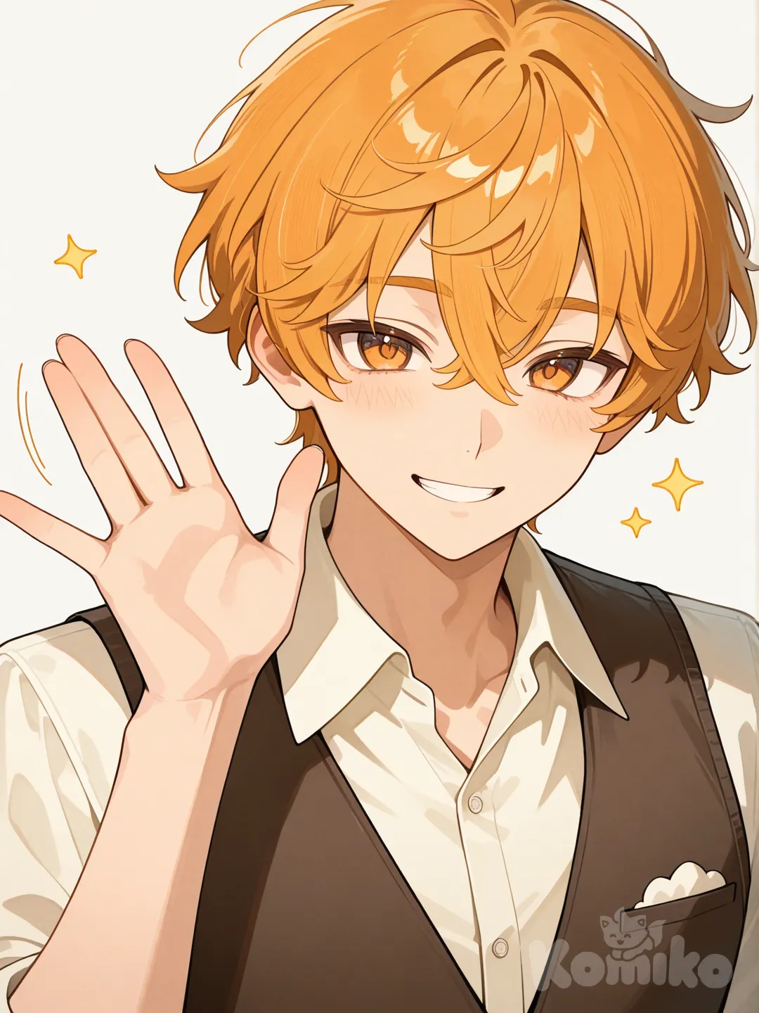 1boy, waving, vest, headshot