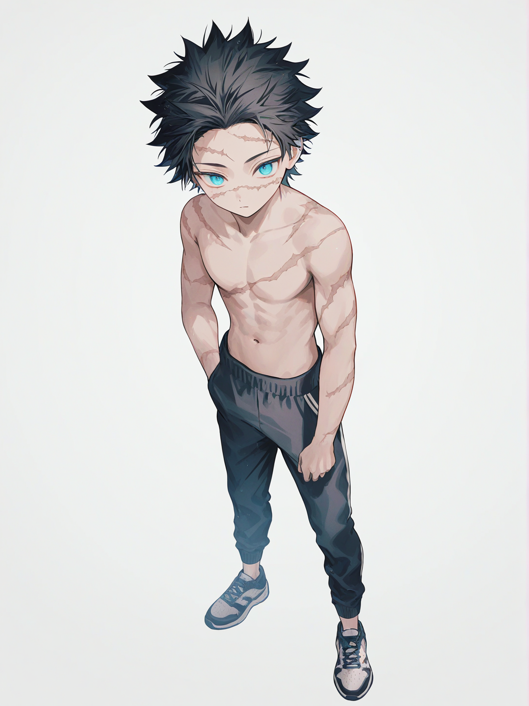 [soft-pastel-style] 1boy, original character, teenager, athletic, black hair, short hair, spiky hair, blue eyes, scar, single character, full body, looking at viewer, anime style, simple background, white background