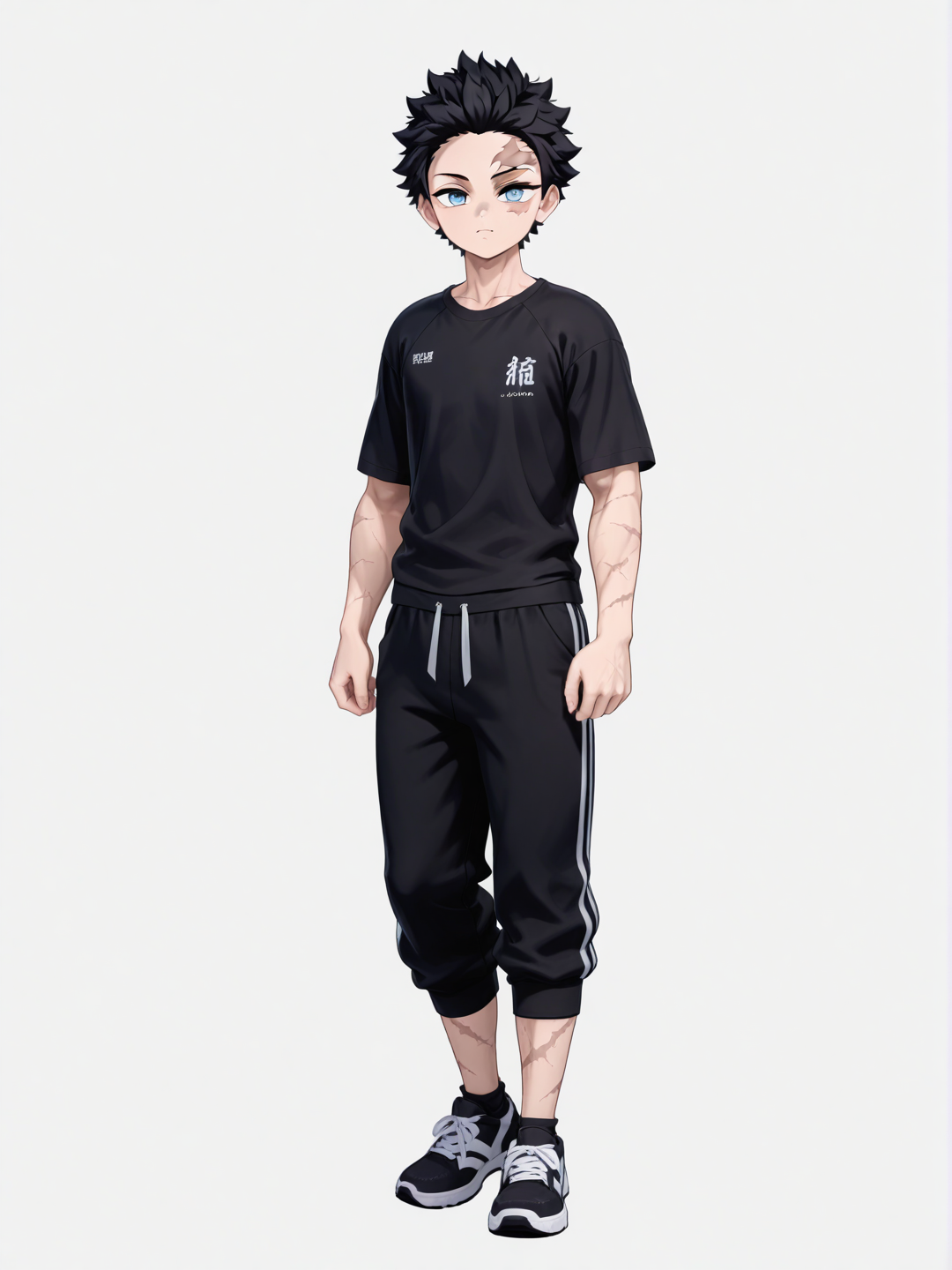 1boy, original character, teenager, athletic, black hair, short hair, spiky hair, blue eyes, scar over left eye, single character, full body, looking at viewer, anime style, simple background, white background