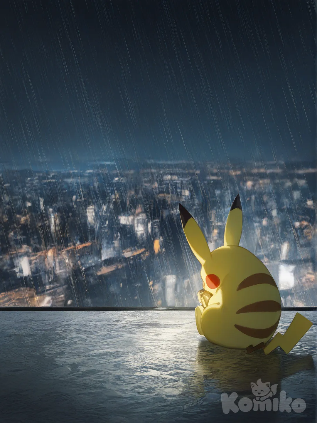 @Pikachu, [soft-light-illustration-style], sitting on the ground, full body, cityscape, rainy