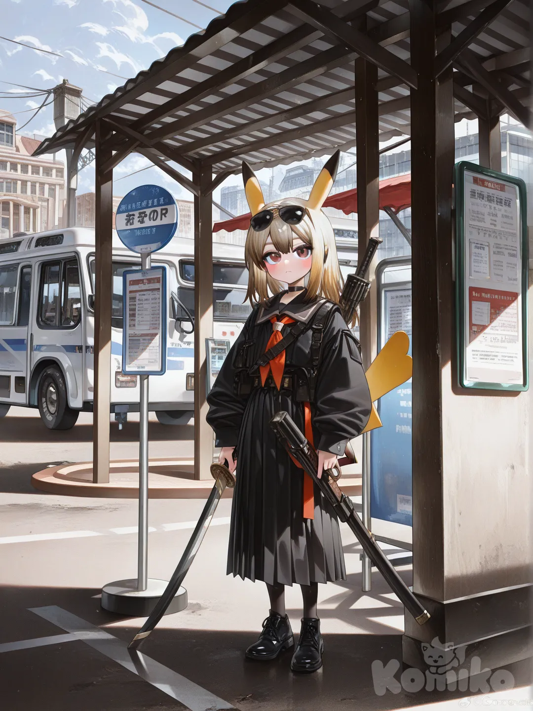 @Pikachu, [high-gloss-illustration-style], wearing sunglasses, holding sword, holding gun, standing, full body, bus stop