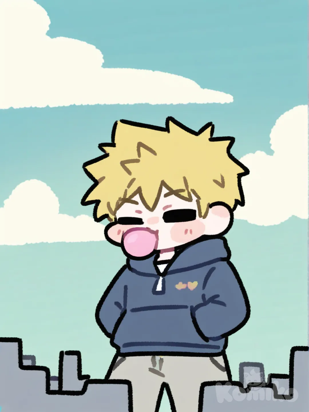 1boy, [blocky-faced-chibi-style], hands in pockets, one eye closed, hoodie, facing viewer, looking away, blowing bubble with bubble gum, navy blue, spiky hair, blonde hair, upper body, blue sky, cloud, cityscape