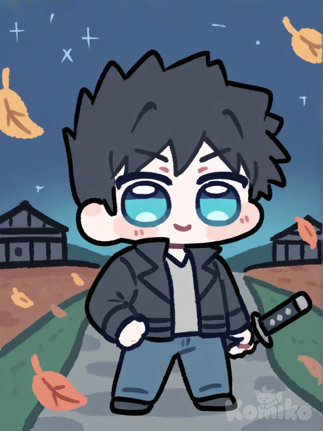1boy, holding sword, katana, smile, leather jacket, jeans, black hair, spiky hair, klein blue, full body, night, starry sky, leaves falling, village, [blocky-faced-chibi-style]