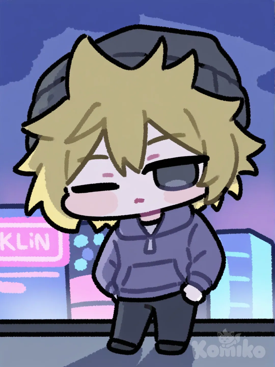 1boy, head tilt, one eye closed, expressionless, hoodie, casual pants, beanie, spiky hair, blonde hair, klein blue, full body, city lights, cityscape, night, [blocky-faced-chibi-style], looking at viewer