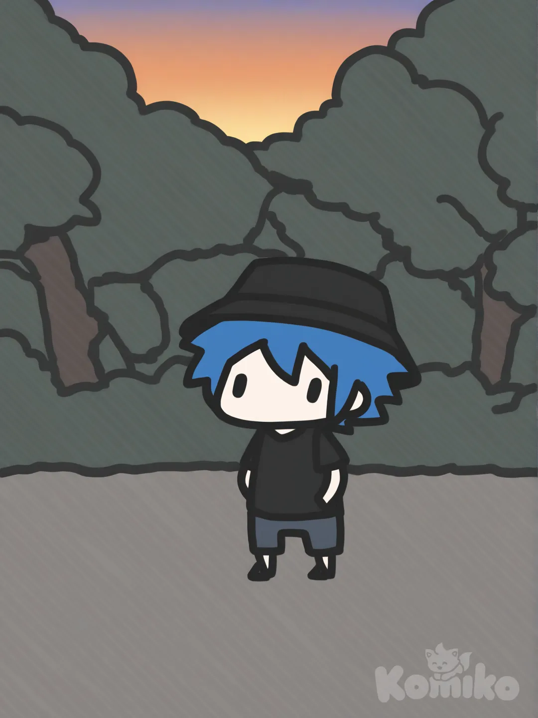 [doodle-style], 1boy, hands in pockets, t-shirt, cargo pants, spiky hair, blue hair, bucket hat, charcoal black, full body, twilight, forest