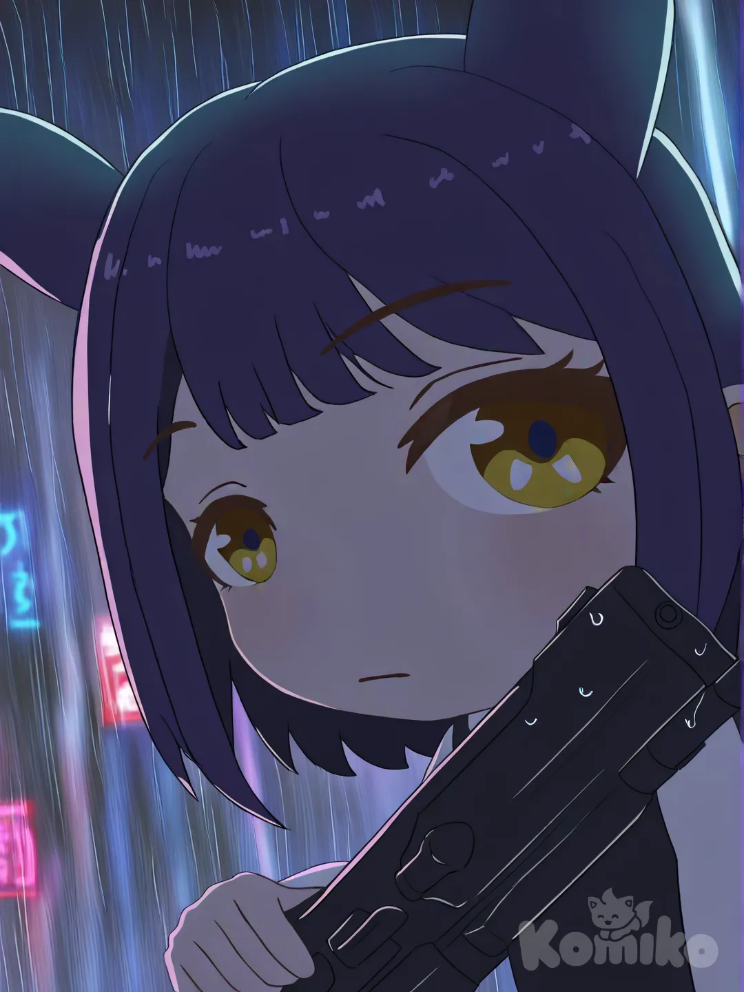 [close-look-style], 1girl, holding gun, expressionless, headshot, night, rainy, cityscape