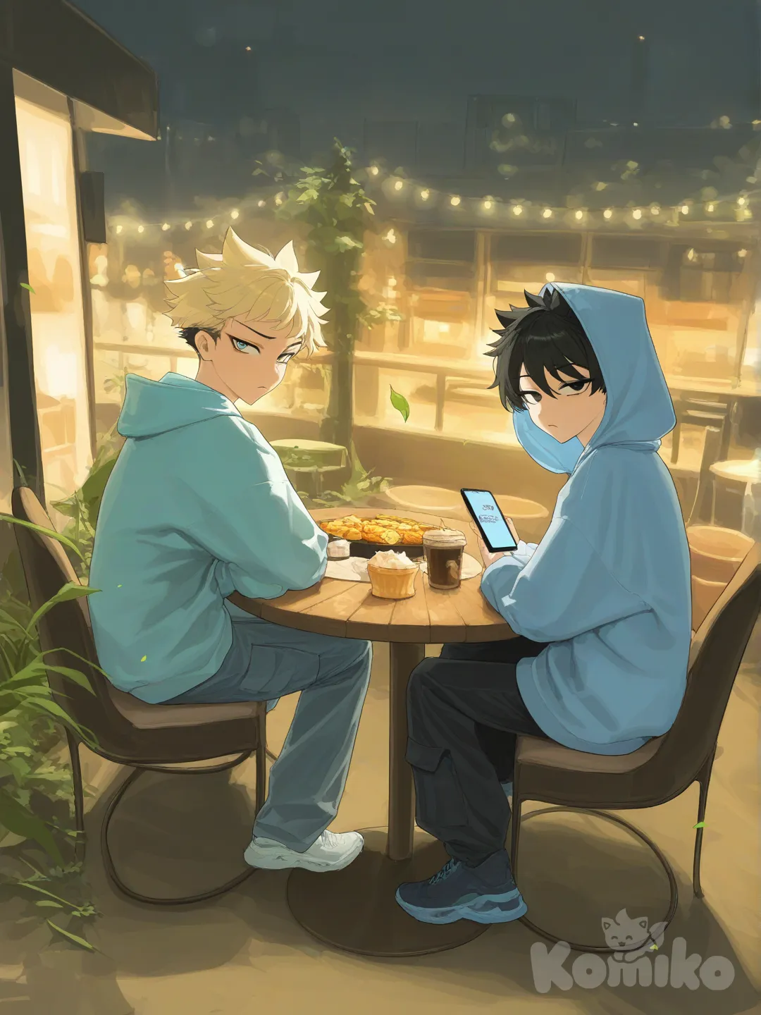 2boys, 1st boy looking at phone, frown, eyebrows raised, hoodie, hood up, casual pants, blonde hair, spiky hair, navy blue, 2nd boy, looking back, frown, bored, eyebrows down, hoodie, hood up, cargo pants, black hair, spiked hair, charcoal black, neon green, night, leaves falling, sitting in front of a cafe, across from each other at a round table, from side, food on table, [vibrant-anime-style]