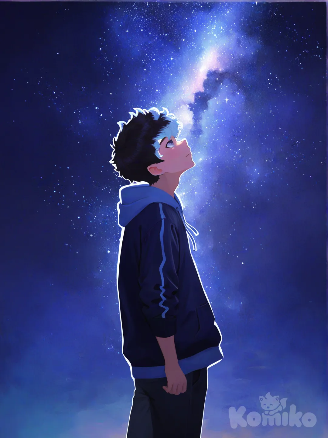 1boy, standing, expressionless, shocked, casual pants, hoodie, spiky hair, black hair, navy blue, from side, night, starry sky, gazing up at the starry sky, [watercolor-illustration-style]
