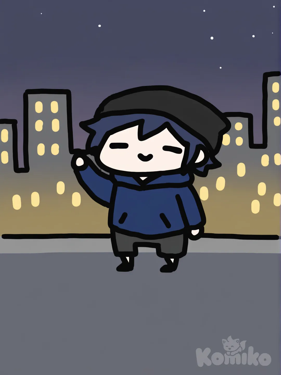 [doodle-style], 1boy, waving, smile, hoodie, cargo pants, beanie, spiky hair, dark blue hair, navy blue, charcoal black, full body, night, city lights, cityscape