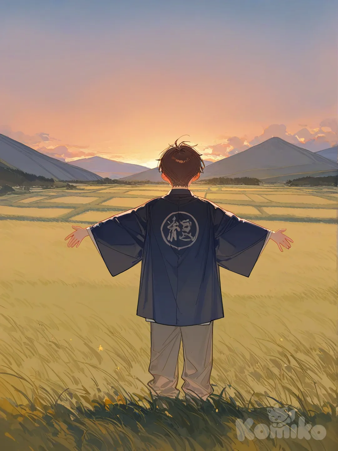 1boy, wearing a dark blue haori, looking at sunset through mountains, arms out to the side, haori sleeves sagging, casual pants, spiky hair, brown hair, navy blue, from behind, sunset, field, [lacquered-illustration-style]