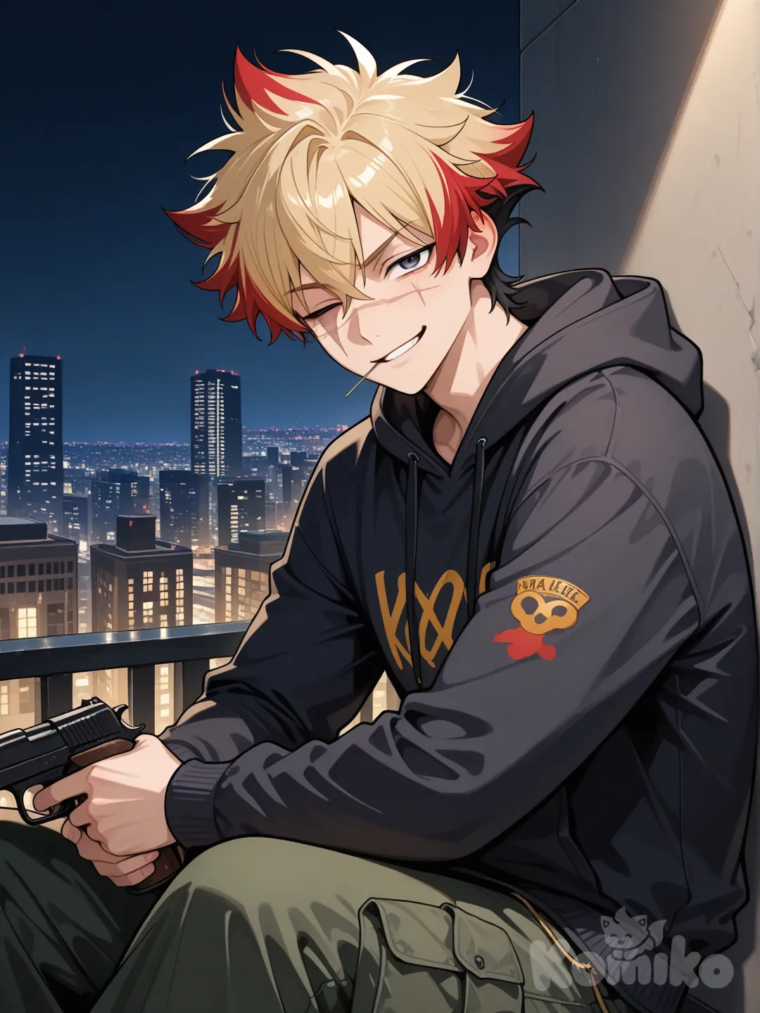 1boy, holding a gun, smirk, one eye closed, scar on closed eye, toothpick in mouth, hoodie, cargo pants, spiky hair, blonde hair, red hair, multicolored hair, charcoal black, upper body, sitting against wall, night, city lights, cityscape