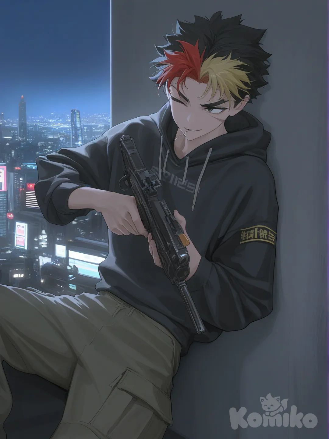 1boy, holding a gun, smirk, one eye closed, scar on closed eye, looking away, toothpick in mouth, hoodie, cargo pants, spiky hair, blonde hair, red hair, multicolored hair, charcoal black, upper body, sitting against wall, night, city lights, cityscape, [vibrant-anime-style]