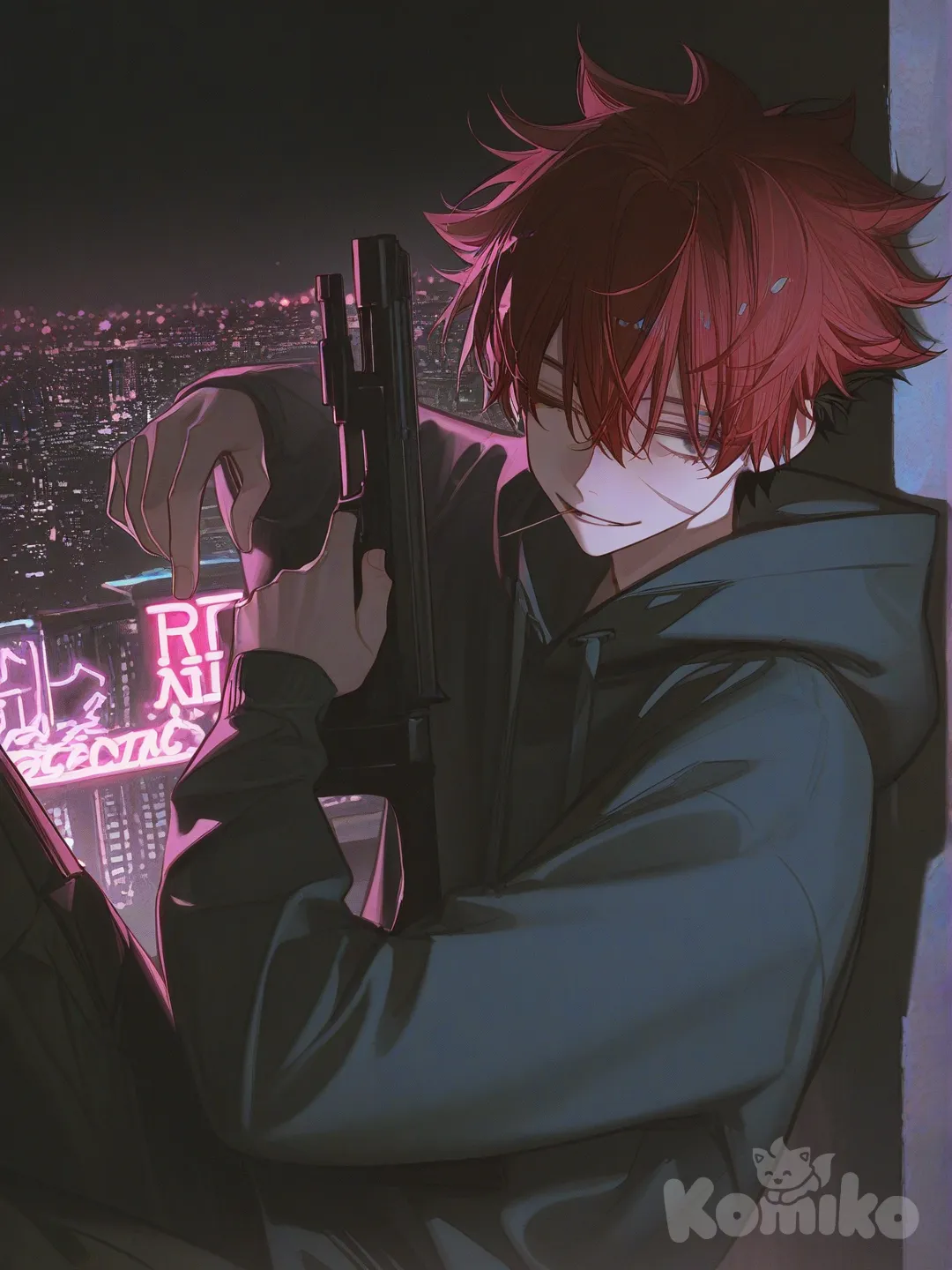 1boy, holding a gun, smirk, one eye closed, looking away, toothpick in mouth, hoodie, cargo pants, spiky hair, red hair, charcoal black, upper body, sitting against wall, night, city lights, cityscape, [high-contrast-glossy-style]