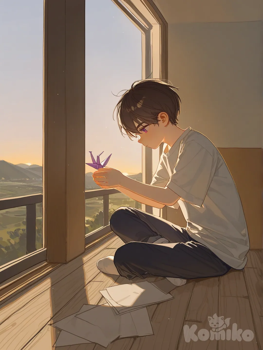 1boy, 10 years old, folding a paper crane, sitting, sitting on the ground, focused, t-shirt, casual pants, brown hair, spiky hair, charcoal black, ivory white, full body, looking away, looking at the crane in his hand, sunset, sun seeping through windows, wooden floor, wooden wall, short wooden table behind him, [lacquered-illustration-style]