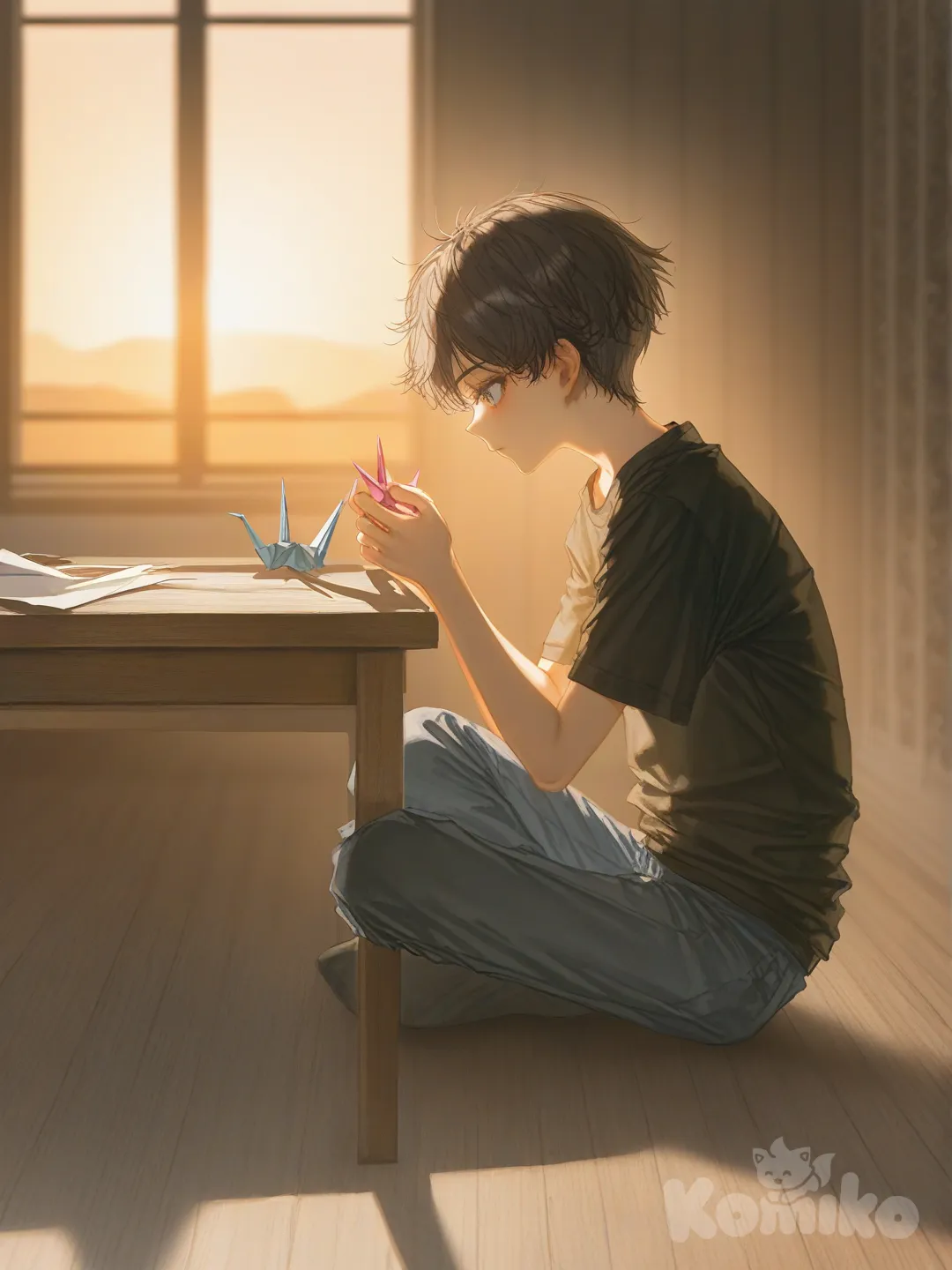1boy, 10 years old, folding a paper crane, sitting, sitting on the ground, focused, t-shirt, casual pants, brown hair, spiky hair, charcoal black, ivory white, full body, looking away, looking at the crane in his hand, sunset, sun seeping through windows, wooden floor, wooden wall, short wooden table behind him, [soft-light-illustration-style]