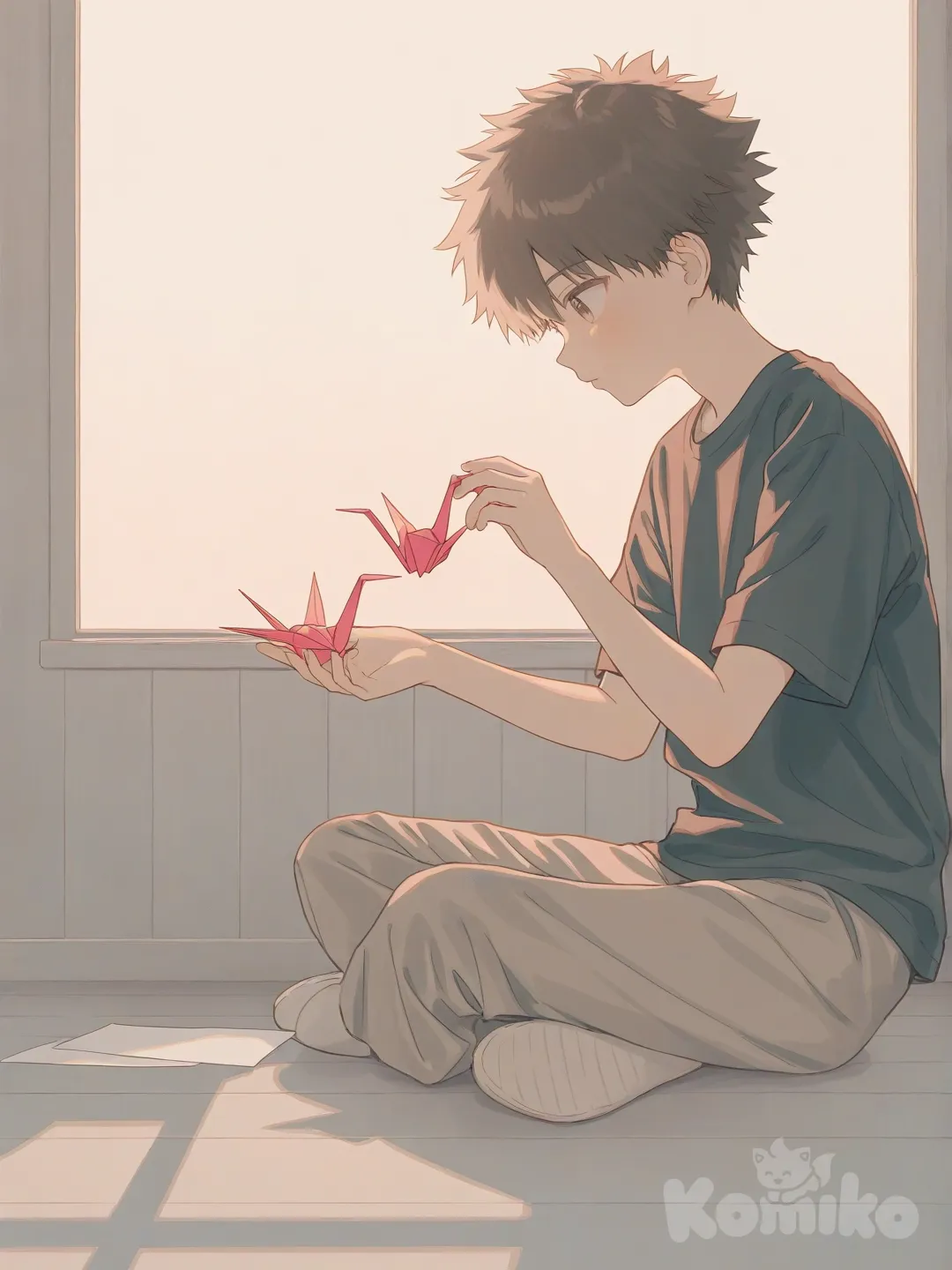 1boy, 10 years old, folding a paper crane, sitting, sitting on the ground, focused, t-shirt, casual pants, brown hair, spiky hair, charcoal black, ivory white, full body, looking away, looking at the crane in his hand, sunset, sun seeping through windows, wooden floor, wooden wall, short wooden table behind him, [soft-pastel-style]