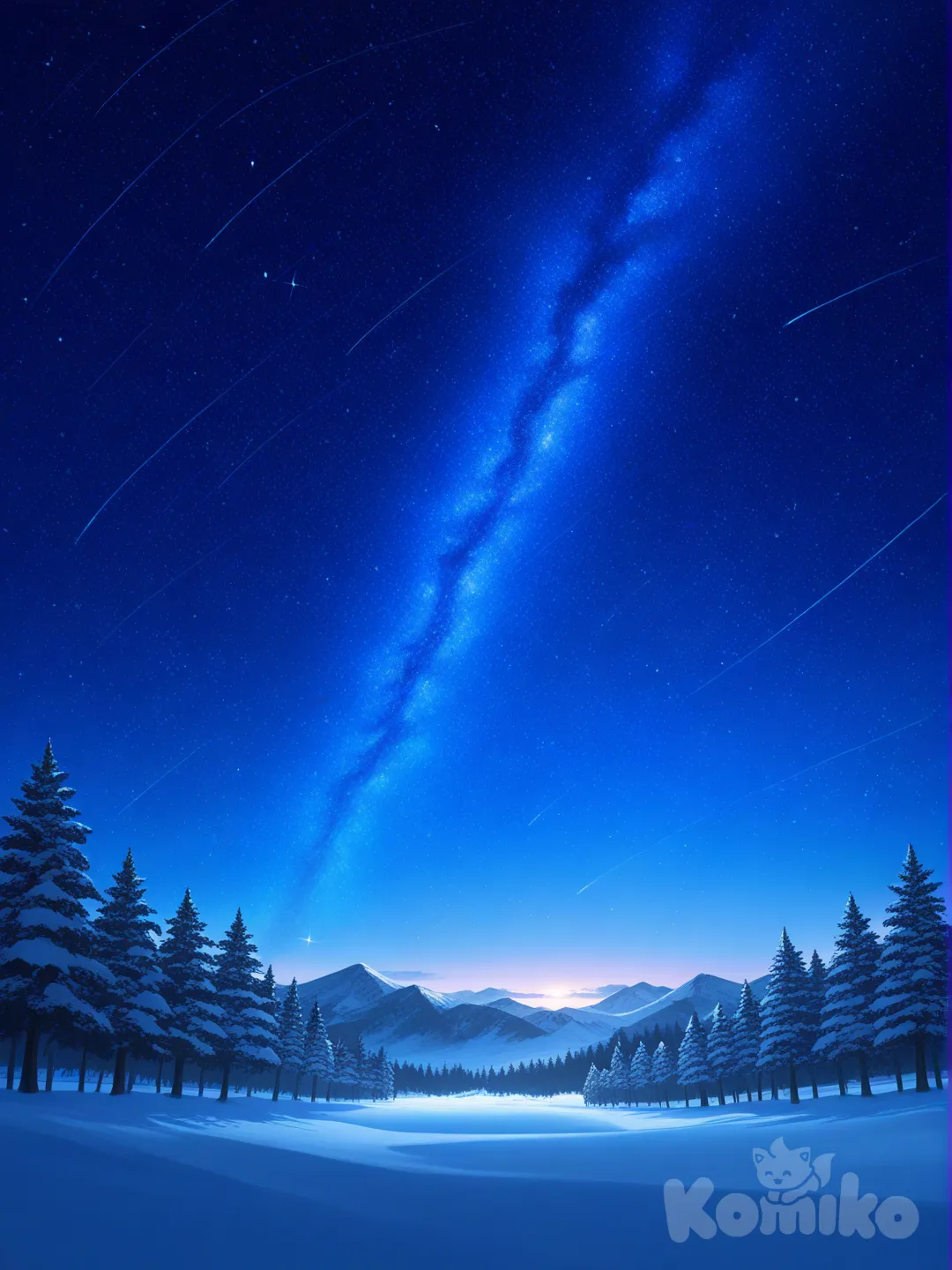 night, forest, snowy, starry sky, mountainous horizon