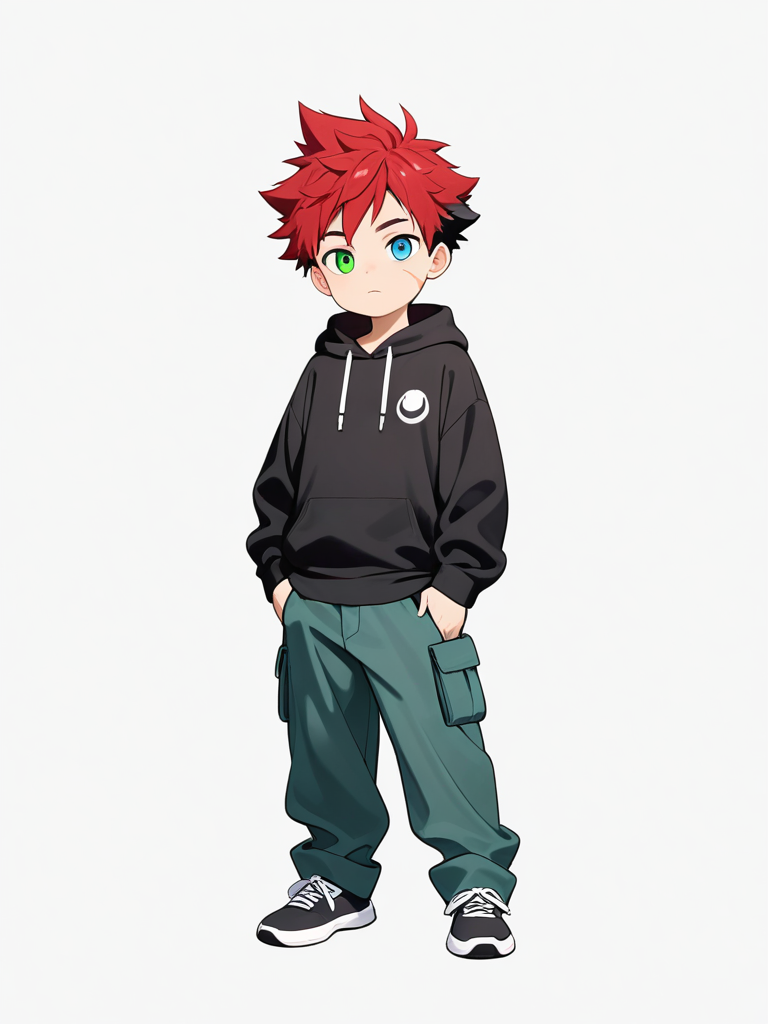 1boy, teenager, athletic, red hair, black hair, spiky hair, blue eyes, green eyes, heterochromia, scar on cheekbone, hoodie, cargo pants, watercolor, single character, full body, looking at viewer, anime style, simple background, white background