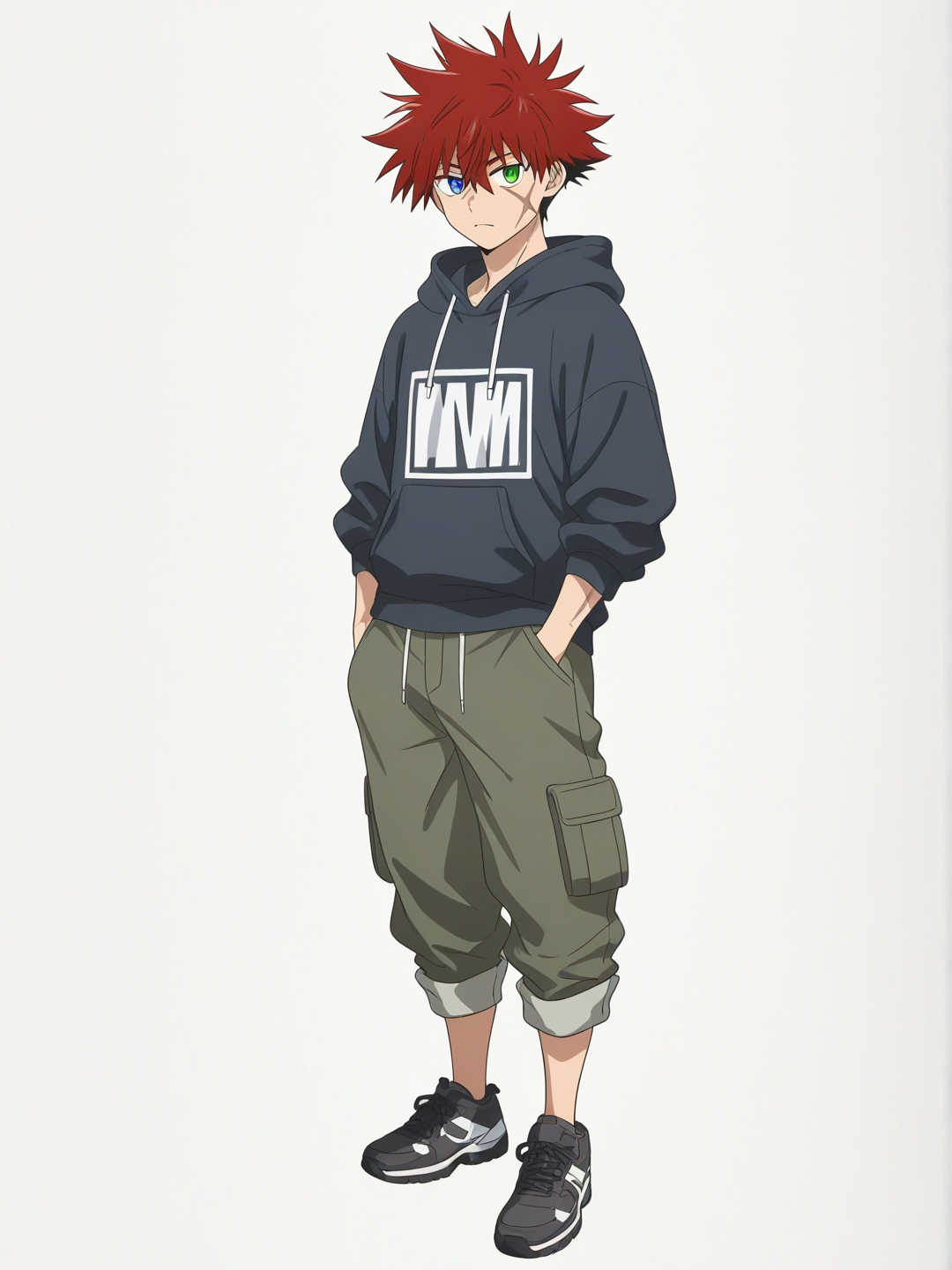 [bright-anime-style] 1boy, mature, teenager, athletic, red hair, black hair, spiky hair, blue eyes, green eyes, heterochromia, scar on cheekbone, hoodie, cargo pants, watercolor, single character, full body, looking at viewer, anime style, simple background, white background