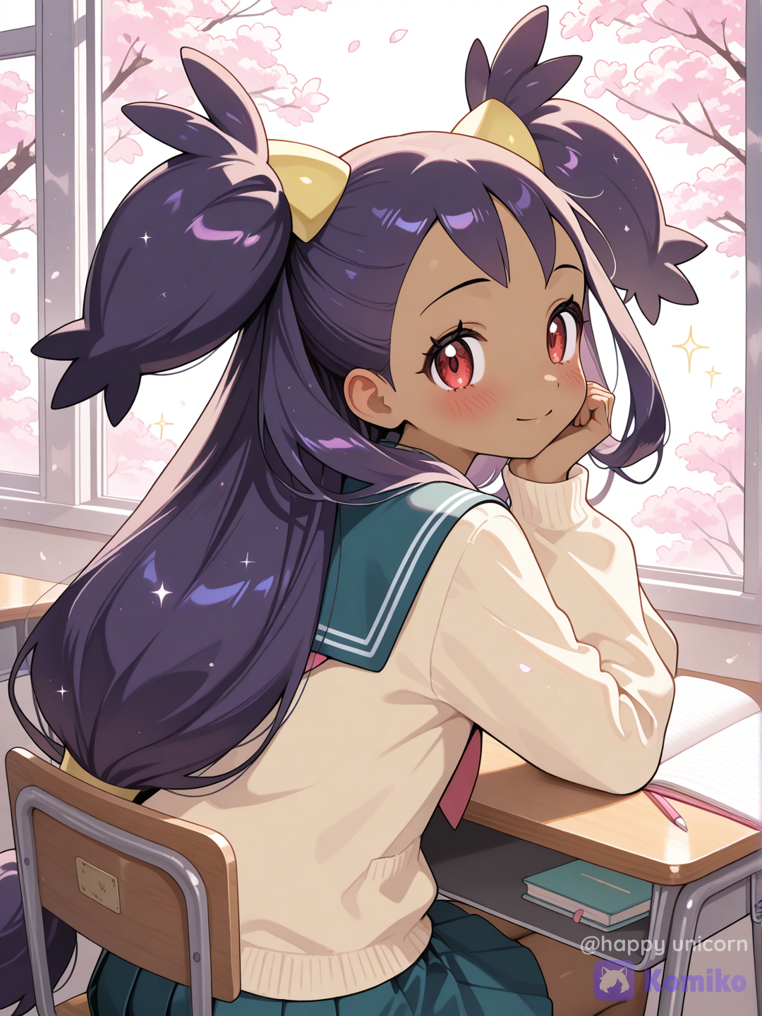 @Iris_(Pokemon), sitting at a classroom desk, looking back over her shoulder toward the viewer, shy expression, heavy blush, soft smile, resting her chin on her sleeve, school uniform sailor outfit, cream cardigan over school uniform, looking back over her shoulder, seated at school desk, chin resting on sleeve, direct eye contact with viewer, shy blush, slightly tilted head, classroom background, soft lighting neat pleated skirt, warm afternoon classroom lighting, cherry blossom season, dreamy atmosphere, delicate sparkles, notebook on desk, adorable and innocent mood, soft pastel colors, hair, beautiful eyes, wholesome school life scene, ultra cute, highly anime illustration, nostalgic slice-of-life anime aesthetic, [glossy-anime-style]