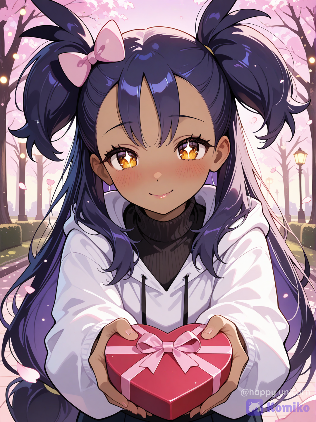 @Iris_(Pokemon), warm amber eyes, soft blush covering her cheeks, shy and innocent expression, looking directly at the viewer while nervously offering a beautifully wrapped heart-shaped gift box with both hands, slightly leaning forward, lips gently pressed together in a timid smile, sparkling eyes filled with affection, cozy white hoodie over a black turtleneck, cute pink bow in her hair, soft romantic atmosphere, warm golden bokeh lights, cherry blossom petals floating in the air, dreamy evening park with glowing fairy lights, cinematic lighting, ultra anime illustration, soft pastel colors, delicate lineart, expressive eyes, wholesome romance, heartwarming, elegant composition, extremely cute, kawaii, romantic confession scene., [glossy-anime-style]