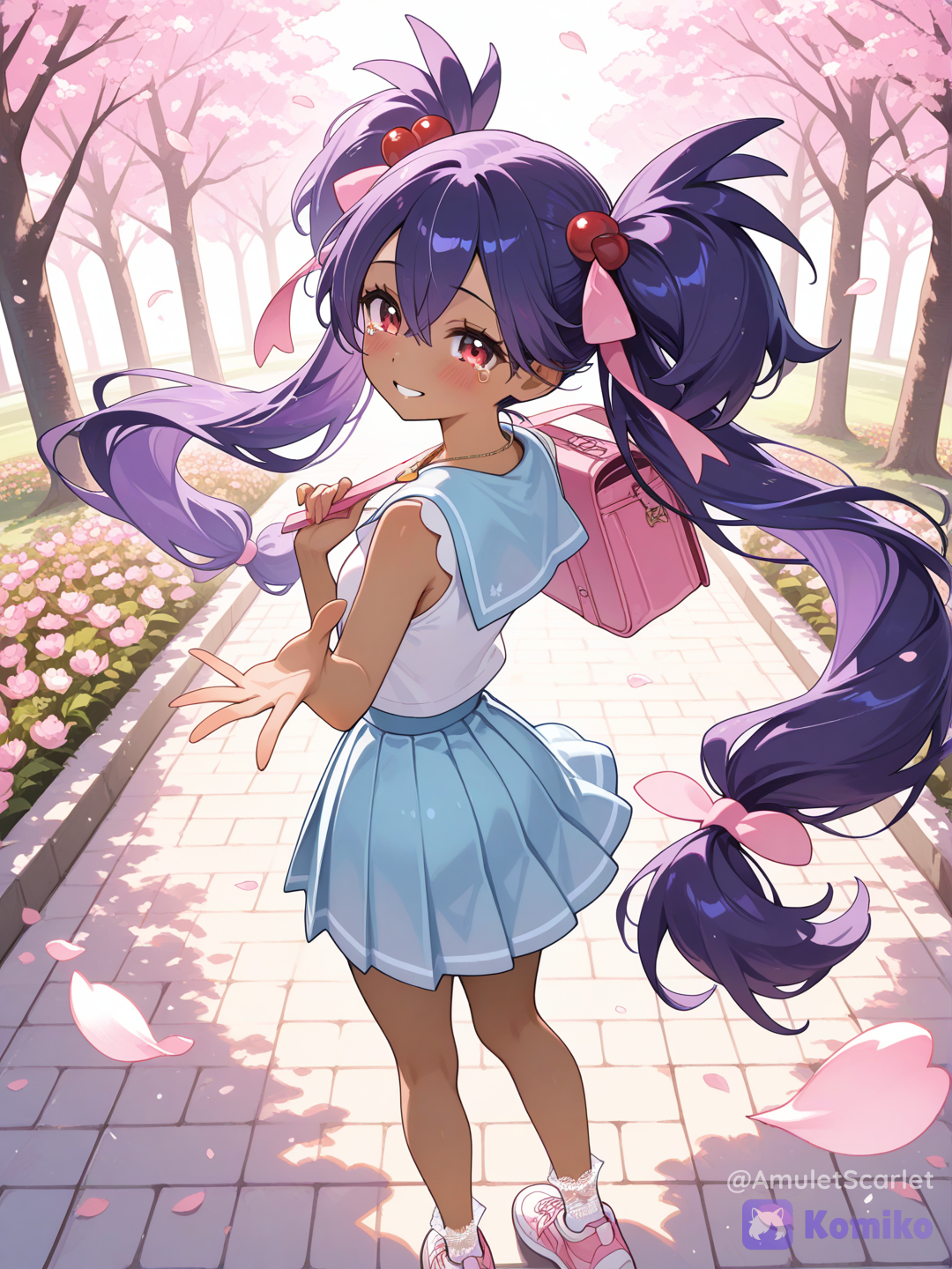 @Iris_(Pokemon), long deep-purple twin ponytails tied with soft pink ribbons, subtle blush, joyful smile with tiny tears of happiness shimmering in her eyes, reaching one hand toward the viewer as if inviting them to come along, dynamic over-the-shoulder pose slightly tilted angle view, expressive perspective, soft and affectionate gaze.
She wears a cute casual summer outfit: a white sleeveless blouse with delicate pastel blue trim, a light sky-blue pleated skirt, white ankle socks with lace, pastel pink sneakers, and a small heart-shaped necklace. Tiny sakura blossom hair accessories decorate her ponytails, with a few loose strands gently moving in the breeze.
Background: a beautiful park during late afternoon in spring, cherry blossom trees in full bloom, colorful flower gardens, sun rays filtering through the trees, soft petals floating in the air, warm golden lighting, dreamy bokeh, peaceful atmosphere.
Mood: wholesome, heartwarming, emotional, innocent happiness, as if she is saying, "Come with me!" while holding the viewer's hand with genuine excitement., [glossy-anime-style]