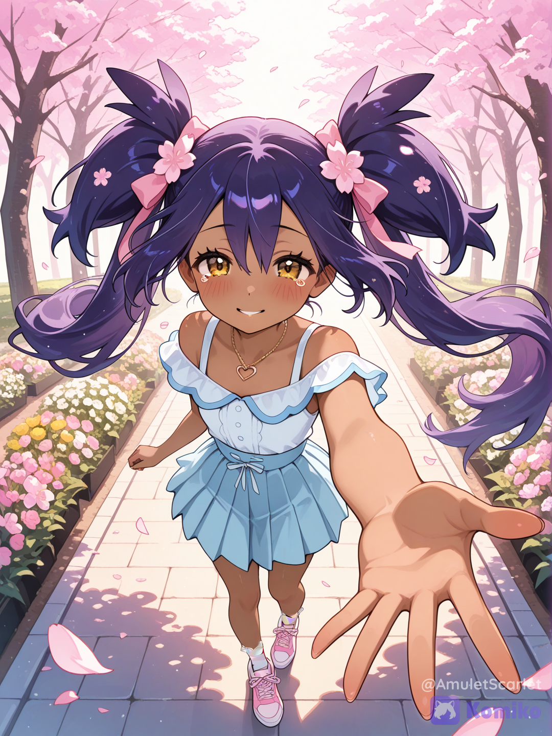 @Iris_(Pokemon), Gentle amber eyes, long deep-purple twin ponytails tied with soft pink ribbons, subtle blush, joyful smile with tiny tears of happiness shimmering in her eyes, reaching one hand toward the viewer as if inviting them to come along, dynamic over-the-shoulder pose slightly tilted angle view, expressive perspective, soft and affectionate gaze.
She wears a cute casual summer outfit: a white sleeveless blouse with delicate pastel blue trim, a light sky-blue pleated skirt, white ankle socks with lace, pastel pink sneakers, and a small heart-shaped necklace. Tiny sakura blossom hair accessories decorate her ponytails, with a few loose strands gently moving in the breeze.
Background: a beautiful park during late afternoon in spring, cherry blossom trees in full bloom, colorful flower gardens, sun rays filtering through the trees, soft petals floating in the air, warm golden lighting, dreamy bokeh, peaceful atmosphere.
Mood: wholesome, heartwarming, emotional, innocent happiness, as if she is saying, "Come with me!" while holding the viewer's hand with genuine excitement., [glossy-anime-style]