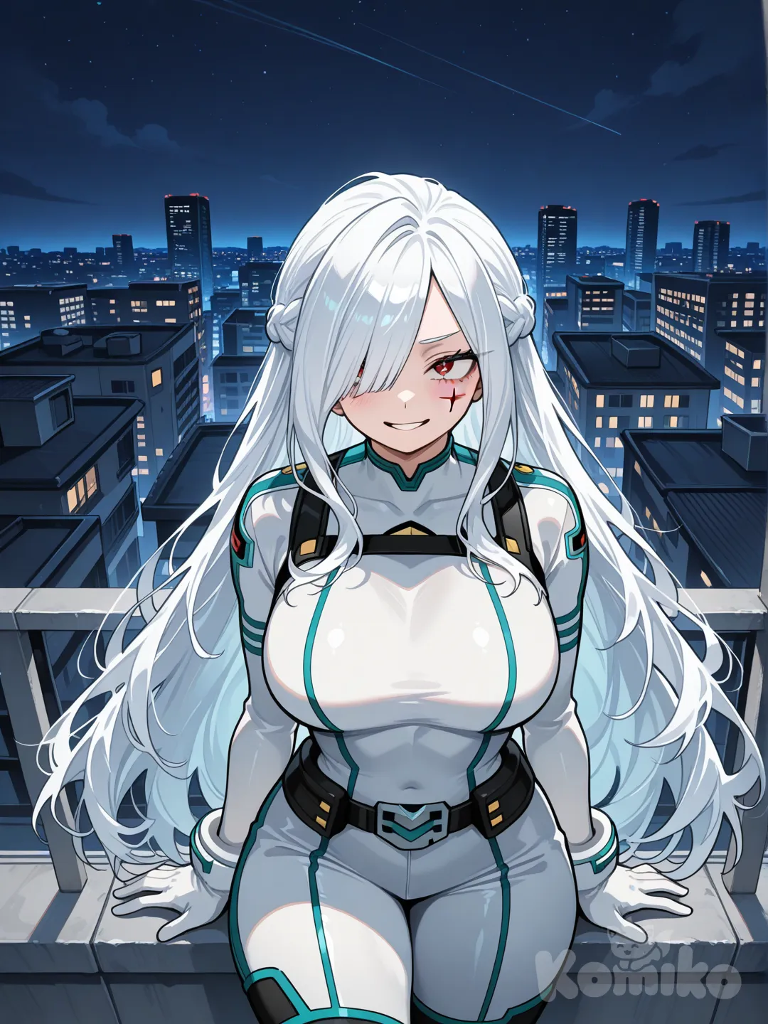 Женщина, (My Hero Academia), фигуристая, белые волосы собранные в длинную косу ниже бёдер, несколько прядей спадают на одну сторону лица до груди, бордовые глаза, шрам в виде креста на щеке, на ней костюм Героя цвета ядеерно-голубого, белого и серого. Она стоит на крыше города и ехидно улыбается, смотря вверх