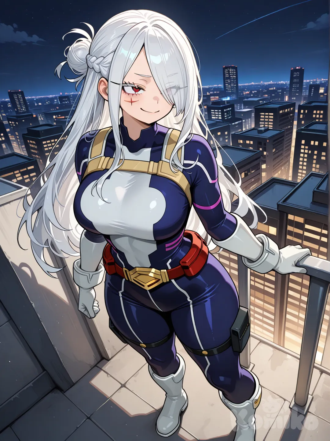 Женщина, (My Hero Academia), фигуристая, белые волосы собранные в длинную косу ниже бёдер, несколько прядей спадают на одну сторону лица до груди, бордовые глаза, шрам в виде креста на щеке, на ней костюм Героя цвета ядеерно-голубого, белого и серого. Она стоит на крыше города и ехидно улыбается, смотря вверх