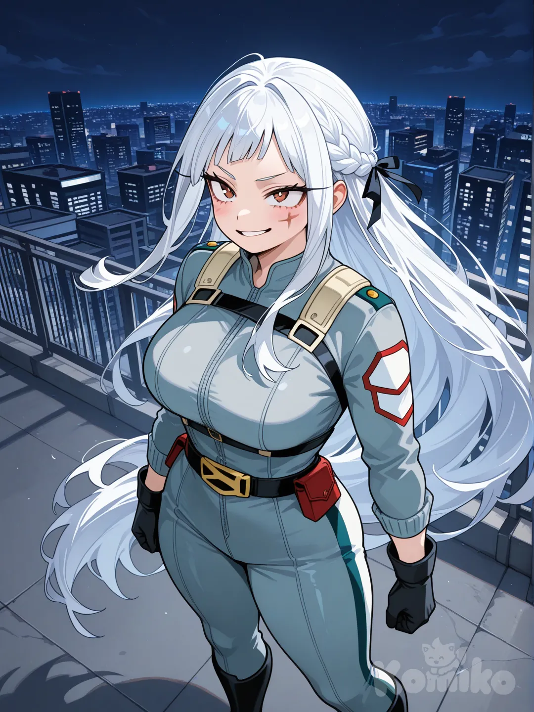 Женщина, (My Hero Academia), фигуристая, белые волосы собранные в длинную косу ниже бёдер, несколько прядей спадают на одну сторону лица до груди, бордовые глаза, шрам в виде креста на щеке, на ней костюм Героя цвета ядеерно-голубого, белого и серого. Она стоит на крыше города и ехидно улыбается, смотря вверх