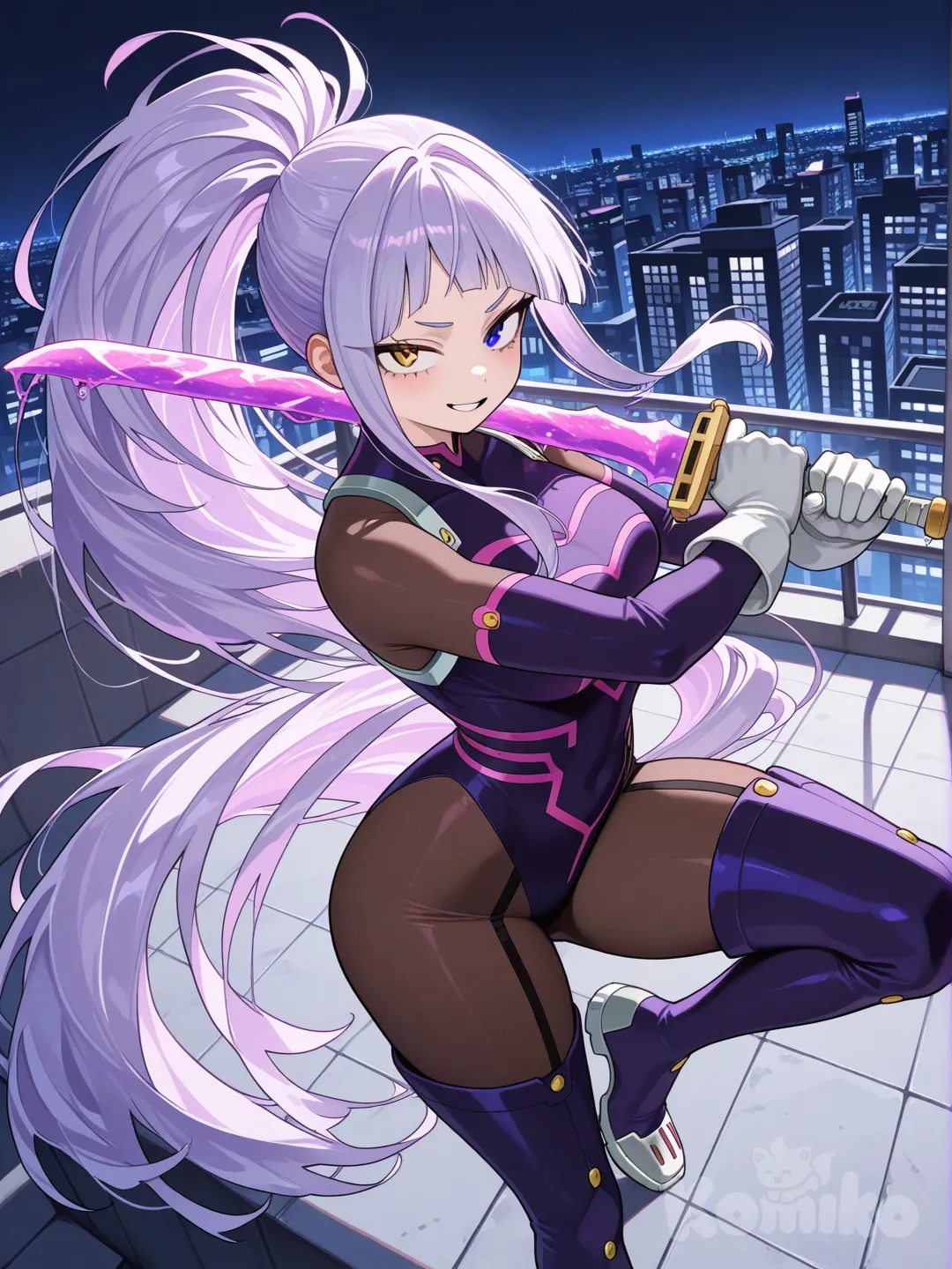 (Из Моя Геройская Академия) Девушка, сиреневые волосы собранные в хвост до бёдер, чёлка разделена на три части, серо-жёлтые глаза, на ней костюм героя фиолетового, чёрного и хорового цвета, с широкими перчатками и широкими ботинками сливающиеся с костюмом. Она стоит на крыше здания, поставив олну ногу на край, в одной руке держала фиолетовый клинок из нефти, поставив его на своё плечо остриём вверх.