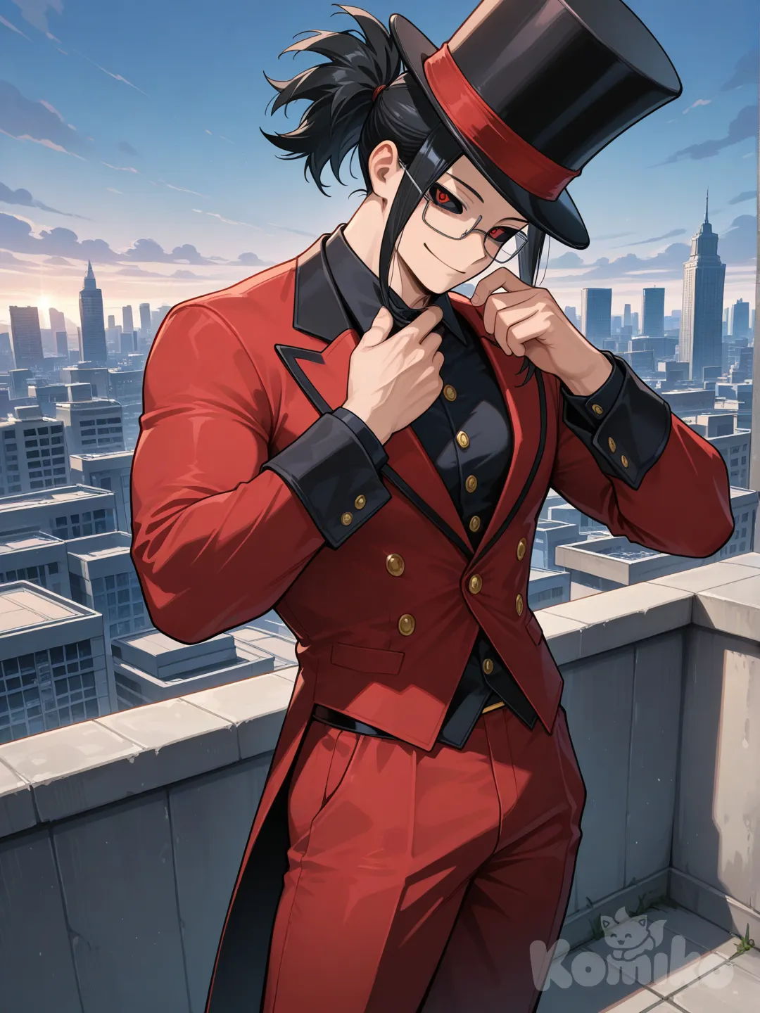 (Из Моя Геройская Академия)Парень, мускулистый, чёрные волосы захваченные в маленький хвостик, но всё же несколько волос спадало ему на шею, красные глаза с чёрным белком, на нём очки, чёрно-красный костюм фокусника, цилиндр на голове. Он стоит на крыше здания, поправляет воротник, а сам улыбается.