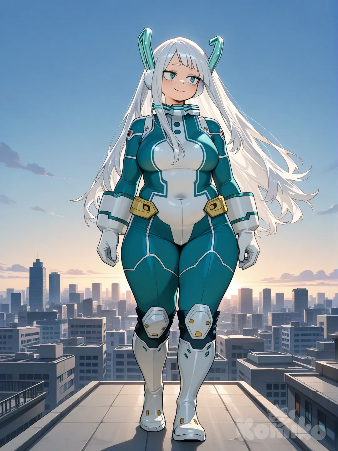 (Из Моя Геройская Академия) девушка, есть немного лишний вес, белые пушистые гладкие волосы до плеч, бирюзовые глаза, на ней костюм Героя светло голубого, серебрянного цвета, с белыми, широкими перчатками, на ногах и руках типо специальных штук для воды или там охлаждения. Она стоит на крыше, настороженно глядя в сторону, с мягкостью на лице.
