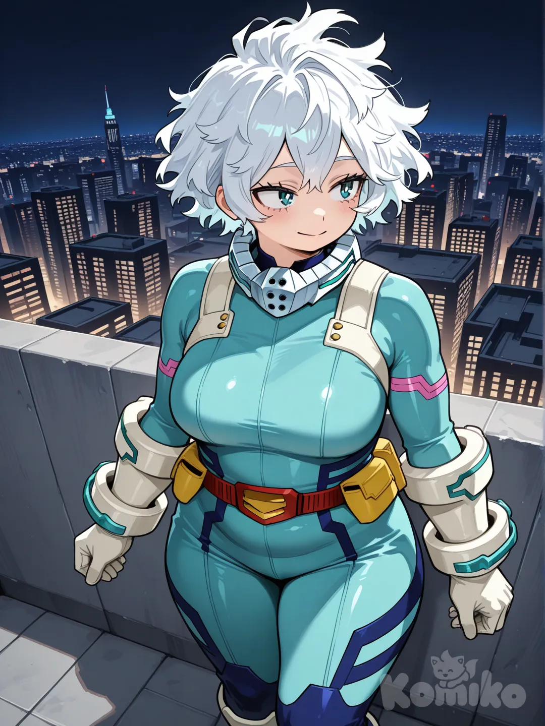 (Из Моя Геройская Академия) девушка, есть немного лишний вес, ванильно-белые пушистые гладкие короткие (до плеч) волосы, бирюзовые глаза, на ней костюм Героя светло голубого, серебрянного цвета, с белыми, широкими перчатками, на ногах и руках типо специальных штук для воды или там охлаждения. Она стоит на крыше, мягко улыбается и смотрит на город.