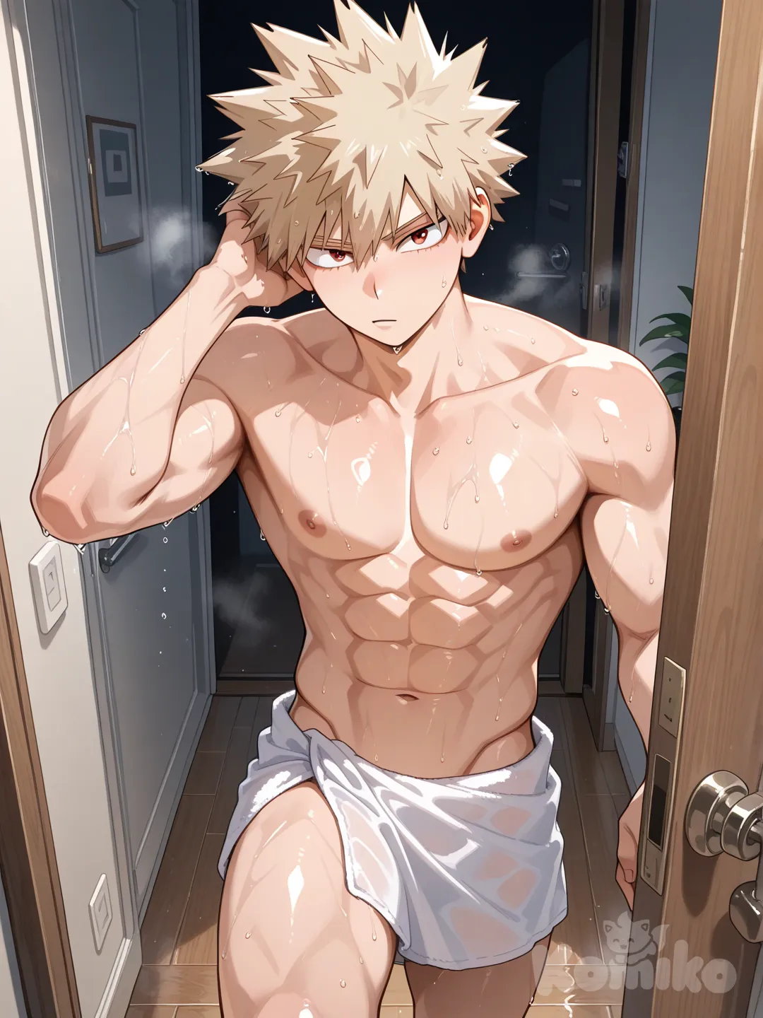 @Bakugou_Katsuki у себя дома выходит из ванной комнаты, голый но с одним полотенцом, завёрнутый вокруг его бёдер, его тела блестит от капель воды, волосы мокрые и он запускает пальцы в свои волосы.