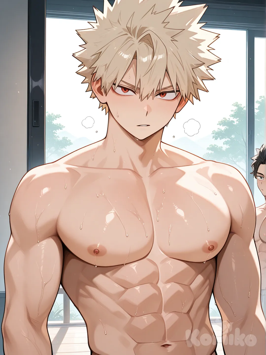 @Shinazugawa_Sanemi и @Bakugou_Katsuki стоят вдвоём, обнажённые, мускулистые, немного пот стикает с их груди и пресса.