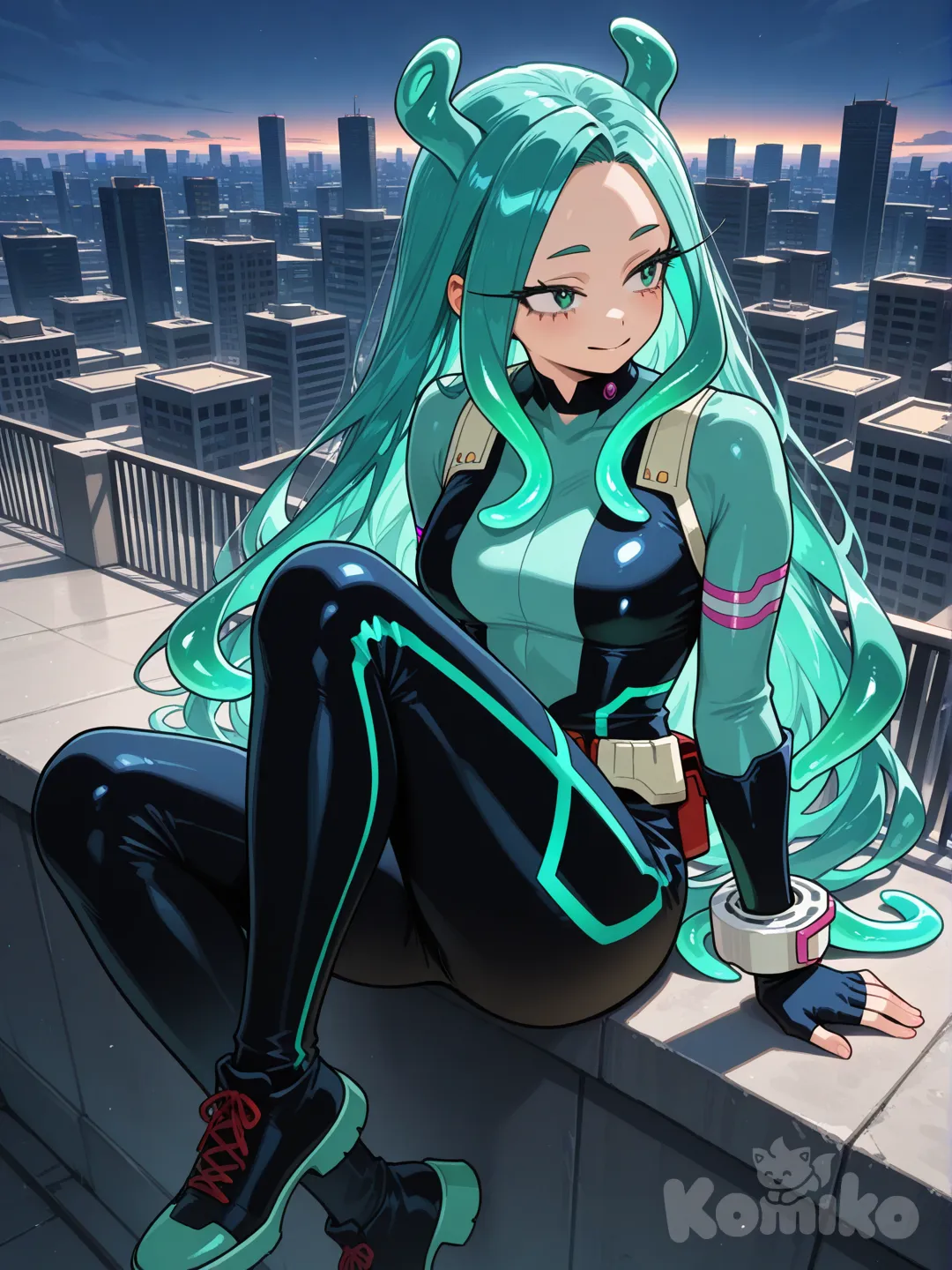 (Моя геройская академия) Девушка, бирюзовые длинные волосы в виде шюпалец, одна прядь свисает ей на серидину лица до подбородка, ядовито-зелёные глаза, длинные ресницы, на ней костюм Героя цвета бирюзового, ядерно-зелёного, чёрного, с перчатками без пальцев. Она сидит на краю крыши и смотрит в сторону, спокойно улыбаясь.