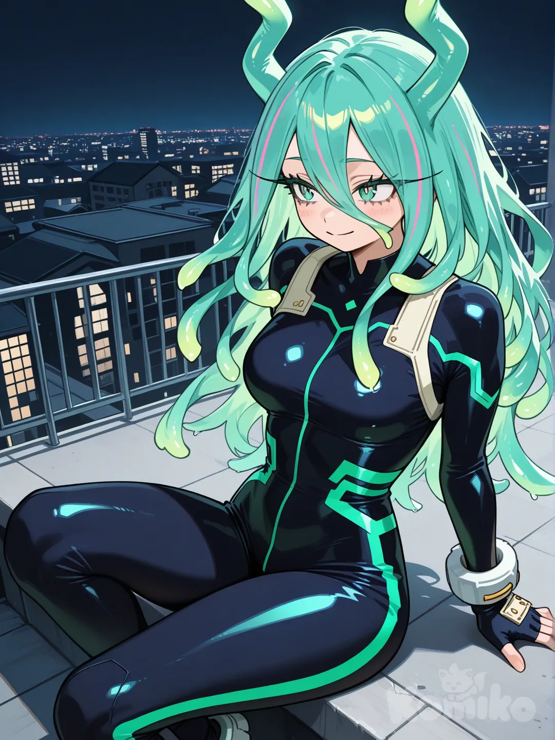 (Моя геройская академия) Девушка, бирюзовые длинные волосы в виде шюпалец, одна прядь свисает ей на серидину лица до подбородка, ядовито-зелёные глаза, длинные ресницы, на ней костюм Героя цвета бирюзового, ядерно-зелёного, чёрного, с перчатками без пальцев. Она сидит на краю крыши и смотрит в сторону, спокойно улыбаясь.
