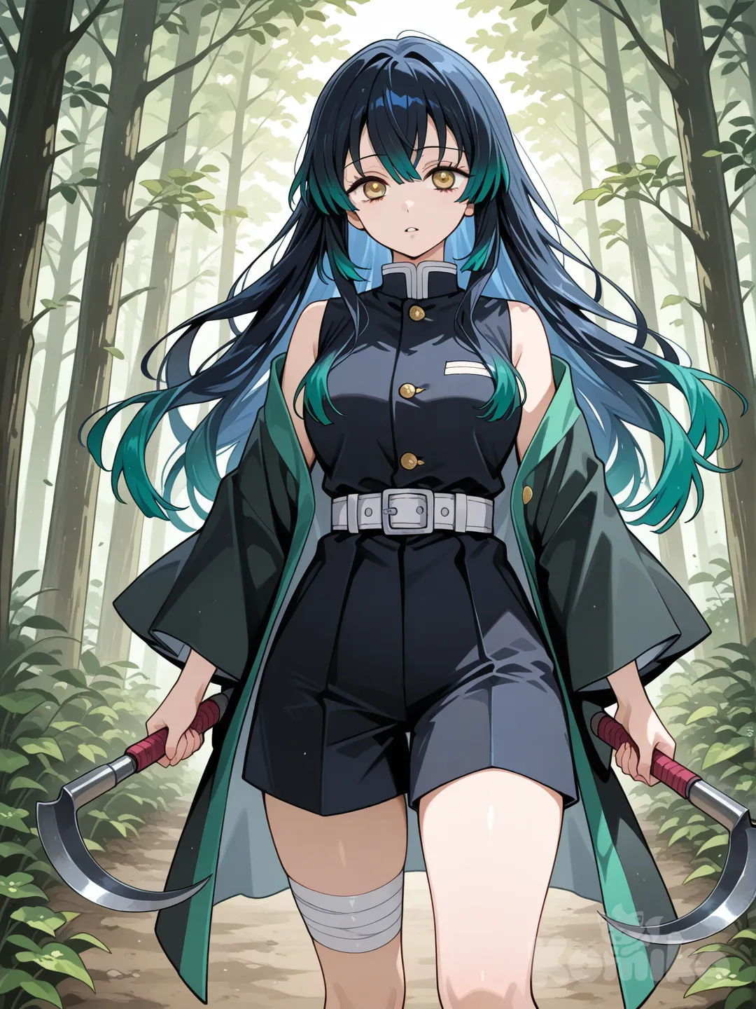 (Из Клинок рассекающих демонов) женщина, лет на 27-29, жёлтые глаза, короткие (до плеч) голубые волосы, на ней чёрнаЯ форма Хашира без руковов, с шортами, жёлтыми пуговицыми и перевязанными бинтами ноги, поверх чёрное хаори, а под ним зелёный цвет. Она стоит в лесу, а в руках держит два серпа среднего размера остриями назад с чёрными рукоятками и зелёной цубой в виде четырёх листного клевера между рукояткой и лезвием.