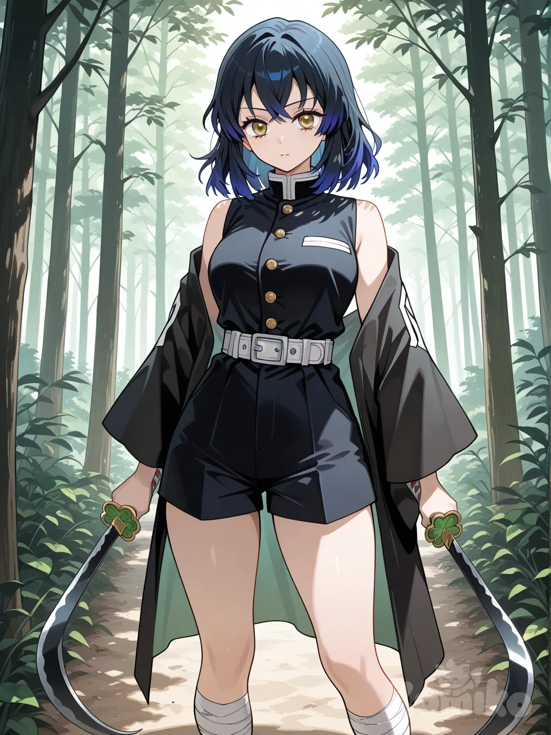 2(Из Клинок рассекающих демонов) женщина, лет на 27-29, жёлтые глаза, короткие (до плеч) голубые волосы, на ней чёрная форма Хашира без руковов, с шортами, жёлтыми пуговицыми и перевязанными бинтами ноги, поверх чёрное хаори, края тёмно-зелёные, а под ним зелёный цвет. Она стоит в лесу, а в руках держит два больших серпа среднего размера остриями назад с чёрными рукоятками и зелёной цубой в виде четырёх листного клевера между рукояткой и лезвием.