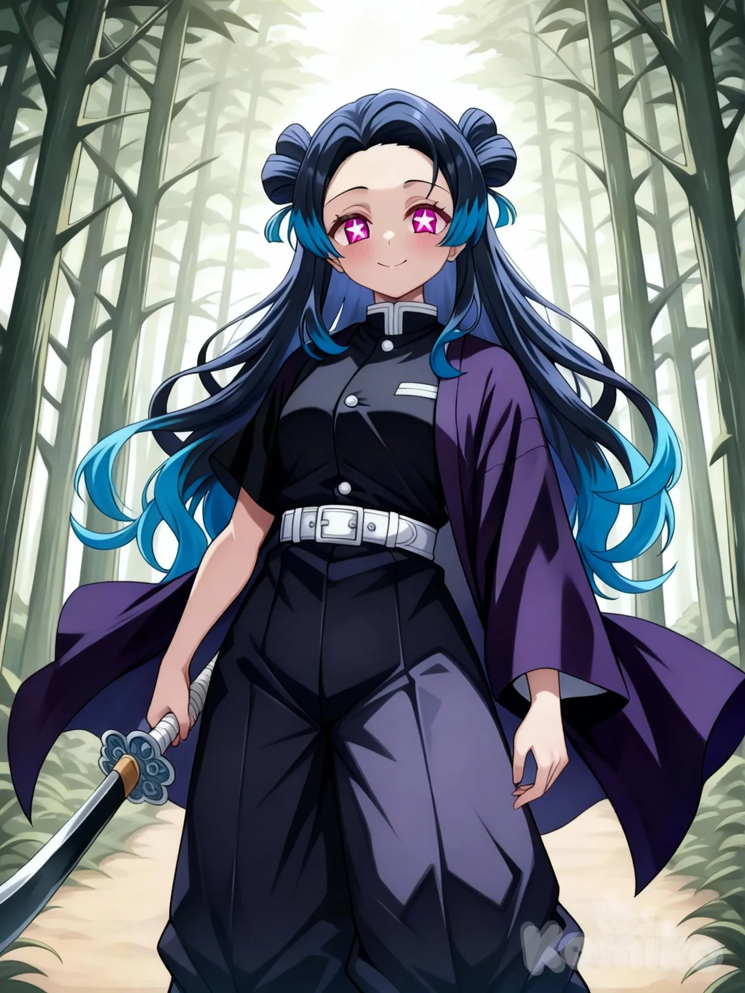 (Из «Клинок рассекающих демонов») так же, как на картинке, только сделай ей тёмно-фиолетовые хаори, голубые волосы и малиновые глаза, так же с звёздами, у которых четыре угла, в каждом глазу.