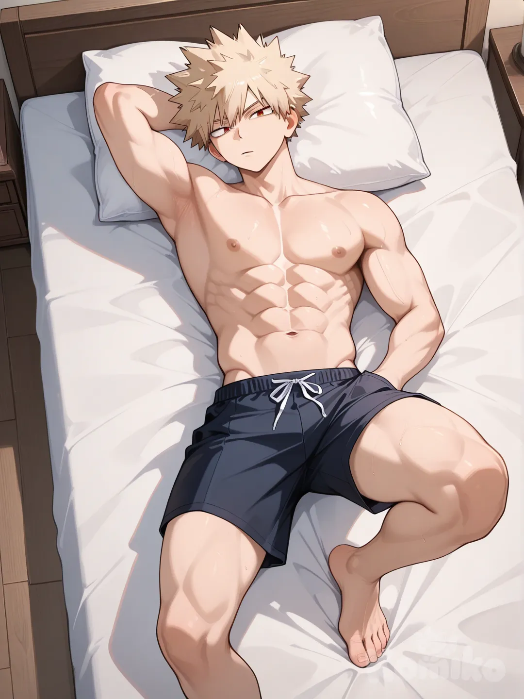@Bakugou_Katsuki полностью голый, в одних шортах, мускулистый лежит на кровати, вид сверху, одну руку он закинул себе пол голову, а вторую засунул в карман шортов