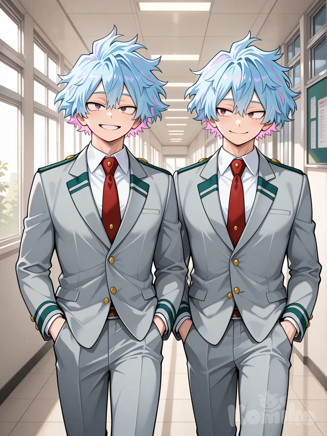 (Из Моя Геройская Академия) два человека, парни, близнецы, чуть мускулистые, бордовые глаза, голубые волосы под каре то есть высота волос до плеч, внутренняя сторона волос розовая, на них форма Академии Героев. Они идут рядом друг с другом по коридору академии, о чём то болтают, ехидно улыбаются, руки замкнутый в карманы.