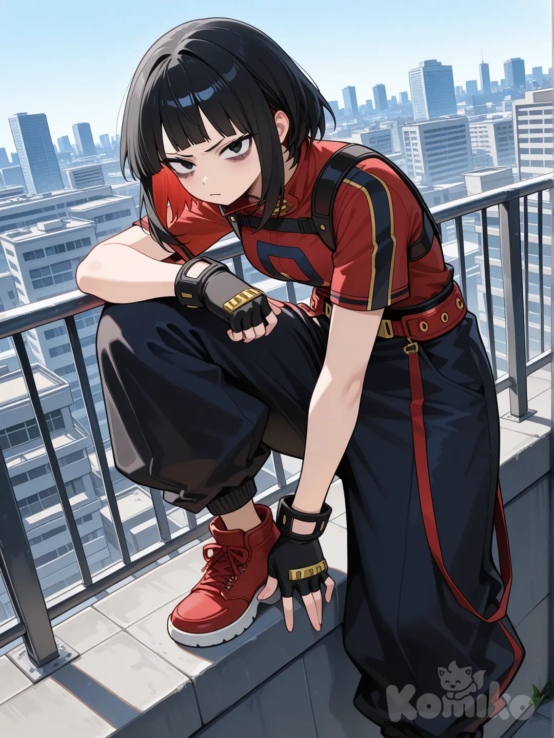 (Из моя геройская академия) девушка, чёрные не длинные волосы, внутренняя сторона волос красная, чёрные глаза, под глазами красные стрелки, на ней костюм Героя с короткими рукавами, мешковатыми штанами, перчатками на руках без пальцев, и цветов чёрного, красного и бардового. Она стоит на крыше здания, хмурая, поставив одну ногу на перила, а сверху на неё локоть руки.
