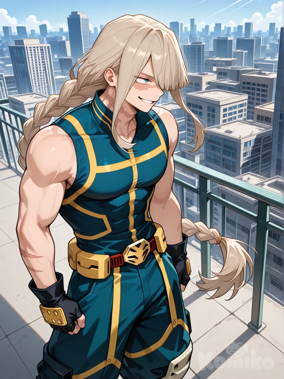 (Изя Моя Геройская Академия) Мускулистый парень с чуть большой грудью, светло-каштановые волосы соьранные в длинную косичку достоющую до бёдер, несколько прядей волос свисает ему на одну сторону лица до груди, бирюзовые глаза, шрам вокруг шеи, на нём костюм Героя без рукавов, с мешковатыми штанами, перчатками без пальцев и цветов чёрного, серого, золотого и голубого. Он стоит на крыши здание, игриво ухмыляется и смотрит в даль.